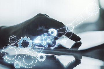 Aufkleber - Creative abstract robotics technology sketch and hand working with a digital tablet on background, future technology and AI concept. Double exposure