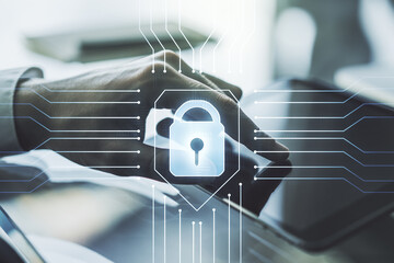 Poster - Creative idea concept with lock symbol and microcircuit illustration and with finger clicks on a digital tablet on background. Protection and firewall concept. Multiexposure