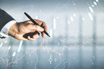 Poster - Multi exposure of trader hand with pen working with virtual abstract financial chart and world map on blurred office background, research and analytics concept
