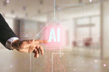 Aufkleber - Man hand clicks on creative artificial Intelligence symbol hologram on blurred office background. Double exposure