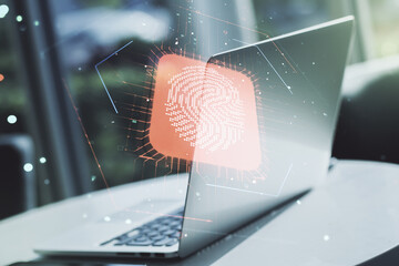 Poster - Double exposure of abstract creative fingerprint hologram on computer background, protection of personal information concept
