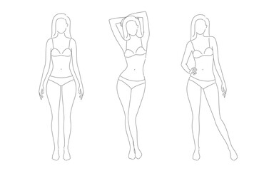 Woman body. Full-length girl standing portrait. Set of body-positive female. Different posing figures. Vector fashion silhouette outline line illustration