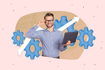 Aufkleber - Creative 3d photo artwork graphics collage painting of happy smiling guy inventing startup isolated drawing background