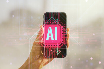Poster - Creative artificial Intelligence symbol concept and hand with mobile phone on background. Double exposure