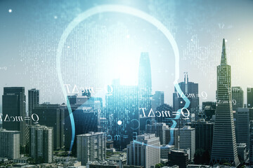 Poster - Abstract virtual artificial Intelligence interface with human head hologram on San Francisco skyline background. Multiexposure