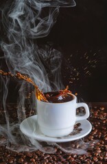 Poster - Vertical shot of a mug with coffee drops being poured from it with beans on the table