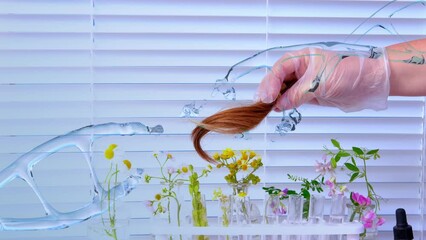 Wall Mural - laboratory assistant examines a hair sample, curls in a package for research by genetic research in laboratory, trichologist conducts test, concept of DNA analysis, orce of nature for hair