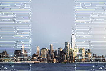 Poster - Abstract virtual micro chip hologram on New York cityscape background, artificial intelligence and machine learning concept. Multi exposure
