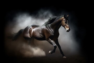 Wall Mural - Gorgeous horse galloping through the clouds of smoke and dust, stunning illustration generated by Ai