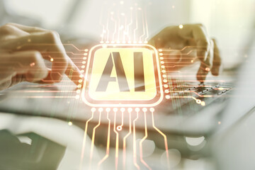 Poster - Creative artificial Intelligence symbol concept with hands typing on laptop on background. Multiexposure