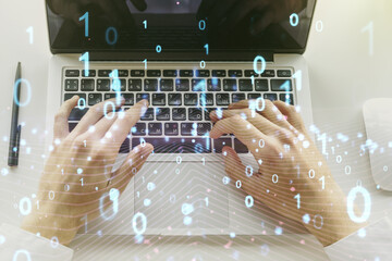 Fototapete - Creative abstract binary code hologram and hands typing on computer keyboard on background, AI and machine learning concept. Multiexposure