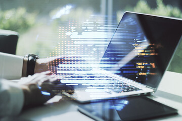 Aufkleber - Double exposure of abstract programming language hologram with world map and hands typing on laptop on background, research and development concept