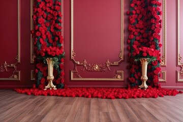 Weeding valentine day love scenario background decorated with red roses Generative AI Illustration