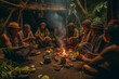 Ayahuasca ceremony Peyote mescaline trip, group of people at night near the fire. Generative AI