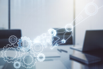 Aufkleber - Creative concept of robotics technology and modern desktop with computer on background. Robot development and automation concept. Multiexposure