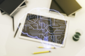 Poster - Double exposure of creative human brain microcircuit and modern digital tablet on background. Future technology and AI concept