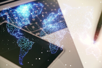 Aufkleber - Multi exposure of abstract graphic world map on computer background, connection and communication concept