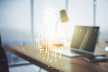 Aufkleber - Creative light bulb illustration with microcircuit on modern computer background, future technology concept. Multiexposure