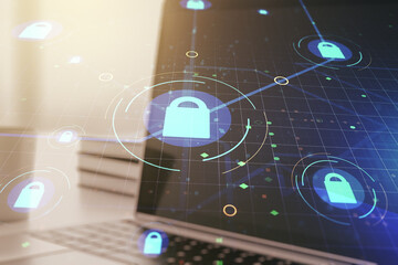 Poster - Double exposure of creative lock hologram with chip on laptop background. Information security concept