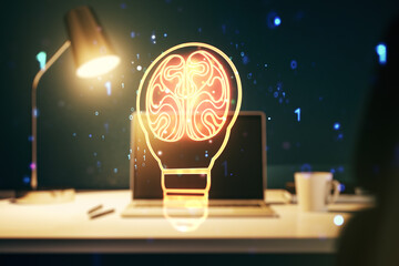 Aufkleber - Creative light bulb illustration with human brain on modern computer background, future technology concept. Multiexposure