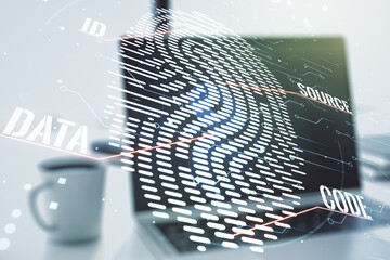 Aufkleber - Multi exposure of abstract fingerprint scan interface on computer background, digital access concept