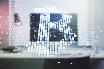 Poster - Double exposure of creative Bitcoin symbol hologram with computer on background. Mining and blockchain concept
