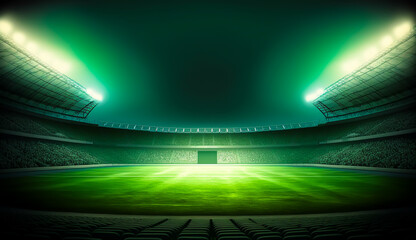 soccer stadium illuminated by spotlights and empty green grass playground, big stadium, Generative AI