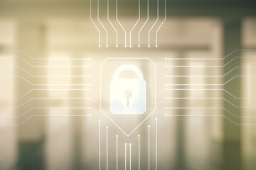 Poster - Virtual creative lock sketch with chip hologram on empty classroom background, protection of personal data concept. Multiexposure
