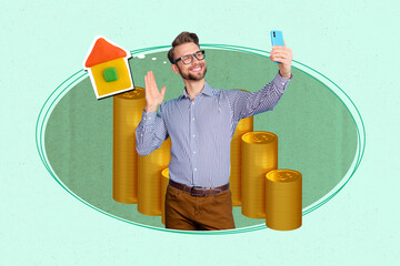 Aufkleber - Exclusive magazine picture sketch collage image of smiling guy earning cash dreaming buy new house isolated painting background