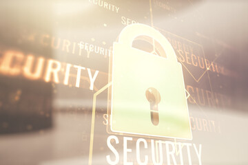Poster - Virtual creative lock sketch with chip hologram on empty classroom background, protection of personal data concept. Multiexposure