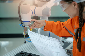 Wall Mural - Industrial engineer or technician working and inspecting robotic arm machine at manufacturing plant.