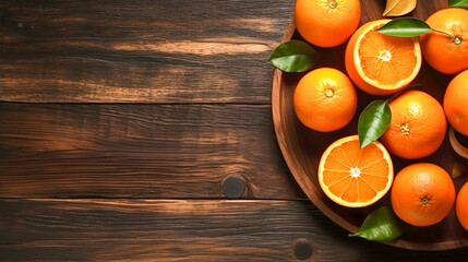 Wall Mural - Fresh oranges on wooden background, top view, generative AI.