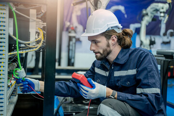 Aufkleber - Technical engineer using measuring equipment to checking electrical current voltage at circuit breaker and cable wiring system for maintenance in main power distribution board.