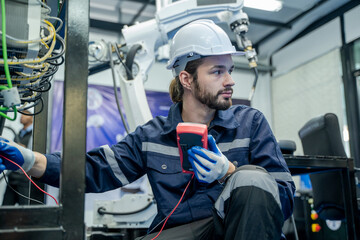 Wall Mural - Technical engineer using measuring equipment to checking electrical current voltage.