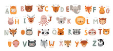 Cute Animals Alphabet For Kids Education. Funny Hand Drawn Style Characters.