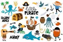 Cute Pirate Sticker Collection With Octopus, Shark, Treasures, Boat And Other Elements. Good For Summer Poster, Card, Stickers, Label, Invitation. Hand Drawn Premium Bundle.