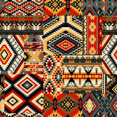 Wall Mural - Native American traditional fabric patchwork abstract vector seamless pattern