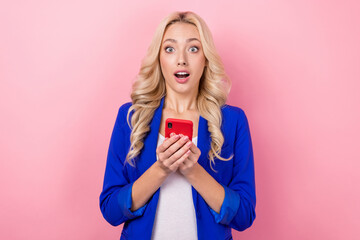 Sticker - Photo of nice impressed girl open mouth unexpected news use smart phone isolated on pink color background