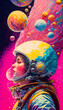 Leinwandbild Motiv Astronaut with pink background, planets, cosmos, traveling in space, AI generated