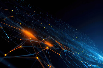 black blue orange tech futuristic background, light, abstract glowing rays with flickering particles