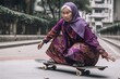 vans skateboard photography of an old Malay woman in head scarf. generative AI