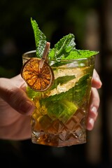 Vertical shot of a person holding an iced cocktail with mint