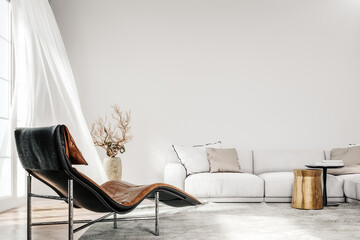 Modern white interior with brown leather armchair and empty mockup wall background 3D Rendering, 3D Illustration