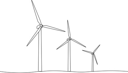 continuous single line drawing of wind farm, renewable energy wind turbines line art vector illustra