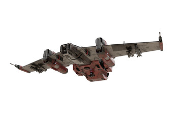 Poster - Futuristic science fiction fantasy fighter space craft flying overhead. Isolated 3D rendering.