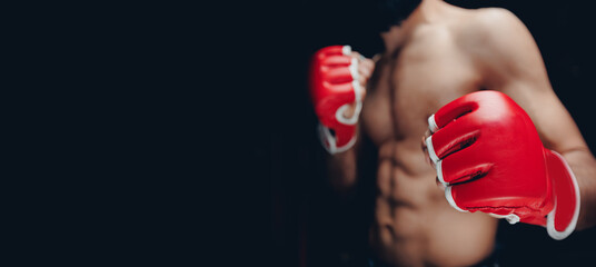 Wall Mural - Portrait MMA fighter with red boxing gloves trains in gym, dark background banner