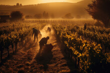 Vineyard Workers Harvesting Grapes In The Golden Light Of Dawn. Generative AI