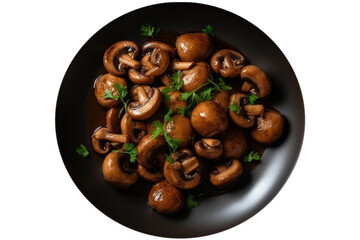 Stirfried Mushrooms On Black Plate, Top View. On An Isolated Transparent Background, Png. Generative AI