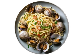 Spaghetti Alle Vongole On White Plate, Top View. On An Isolated Transparent Background, Png. Generative AI