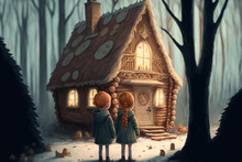 Illustration Of The Fairy Tale Hansel And Gretel. Children's In Front Of A Gingerbread House. Rear View. Generative AI